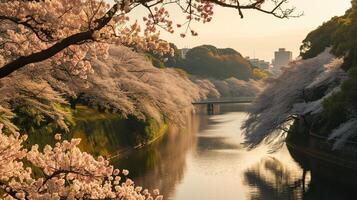 ai gegenereerd sakura bloeien door sereen Japans rivier- foto