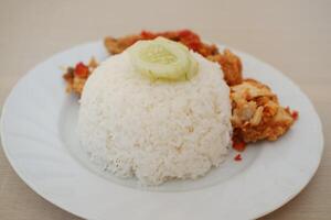 rijst- met gebakken kip en komkommer Aan wit gerecht, voorraad foto