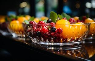 ai gegenereerd vers fruit en groenten in een supermarkt. een glas kom gevulde met fruit Aan top van een teller foto