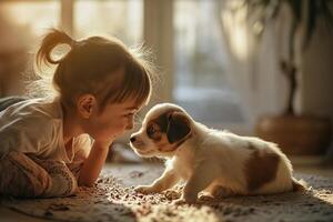 ai gegenereerd weinig kind spelen met een puppy in zijn leven kamer foto