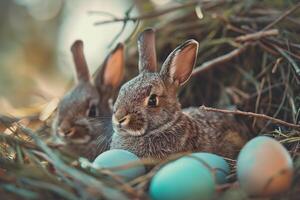 ai gegenereerd veelkleurig Pasen eieren met de Pasen konijn in natuur foto
