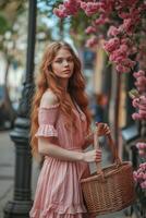 ai gegenereerd mooi jong vrouw met rood haar- in een roze jurk houdt een Pasen mand in haar handen Aan de straat foto