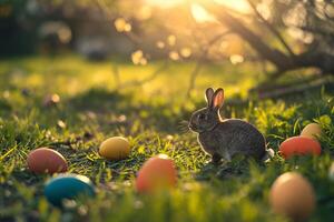 ai gegenereerd veelkleurig Pasen eieren met de Pasen konijn in natuur foto