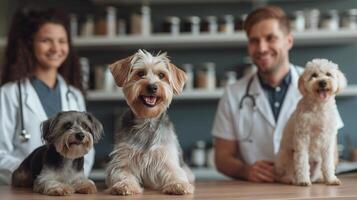 ai gegenereerd dierenarts in een veterinair kliniek met hond foto