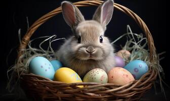ai gegenereerd Pasen konijn met een mand van kleurrijk eieren. gemaakt door kunstmatig intelligentie. foto
