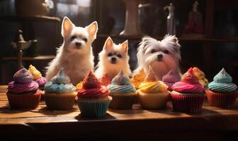 ai gegenereerd mini muffins Aan een houten bord en puppy's in de achtergrond. gegenereerd door kunstmatig intelligentie. foto