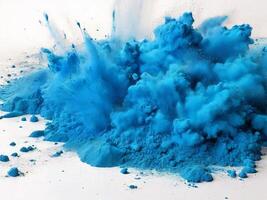 ai gegenereerd helder cyaan blauw holi verf kleur poeder festival explosie barsten geïsoleerd wit achtergrond. industrieel afdrukken concept achtergrond foto