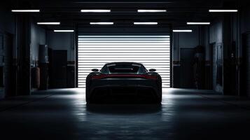 ai gegenereerd silhouet van algemeen sport- auto in donker garage, terug visie, pit rijbaan instelling, dramatisch, filmische verlichting foto