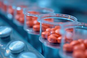 ai gegenereerd detailopname visie van kleurrijk farmaceutisch capsules in een high Tech productie lijn Bij een farmaceutisch fabricage fabriek. foto