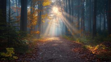 ai gegenereerd nevelig ochtend- in een herfst Woud met zonnestralen breken door de hoog bomen, verhelderend de gouden gebladerte en Woud pad. foto