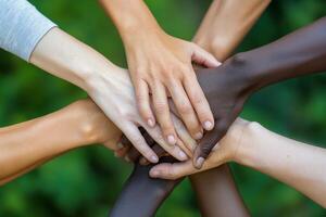 ai gegenereerd een krachtig beeld van eenheid met verschillend handen toegetreden samen over- een groen natuurlijk achtergrond. team werk samen concept. foto