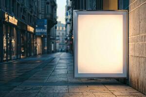 ai gegenereerd een elegant reclame sjabloon presentatie van een Doorzichtig, verlichte licht doos, perfect voor weergeven berichten of branding, reeks binnen een gemakkelijk nog elegant instelling foto