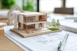 ai gegenereerd een goed georganiseerd tafereel tonen bouwkundig project tekeningen, met een miniatuur huis model- geplaatst naast hen, vertegenwoordigen de vertaling van plannen in een tastbaar structuur, foto