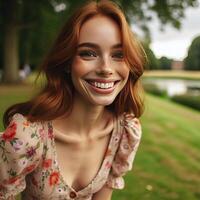 beeld van de Europese jong vrouw, wandelen buiten, lachend. mensen foto