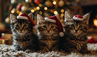 ai gegenereerd drie kittens vervelend de kerstman hoeden in voorkant van Kerstmis boom foto