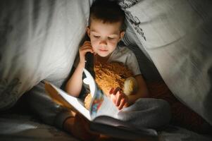 kind lezing boek in bed. kinderen lezen Bij nacht. weinig jongen met fee verhaal boeken in slaapkamer . onderwijs voor jong kinderen. bedtijd verhaal in de avond. schattig kind onder deken in donker kamer met lamp foto