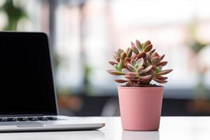 ai gegenereerd klein sappig bloem in de buurt de laptop. huis planten Bij de werkplek. knus ruimte. foto