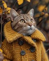 ai gegenereerd een kat gekleed in een kat jas. een foto vastleggen een kat vervelend een helder geel jas terwijl rustig zittend Aan een Afdeling van een boom.