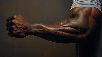 bodybuilder arm Aan solide achtergrond. stroom, sterkte concept. sport, fitheid, arm worstelen. ai gegenereerd foto