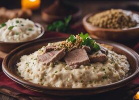 ai gegenereerd mansaf, traditioneel Jordaans schotel van rijst, lam, en yoghurt saus foto