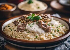 ai gegenereerd mansaf, traditioneel Jordaans schotel van rijst, lam, en yoghurt saus foto