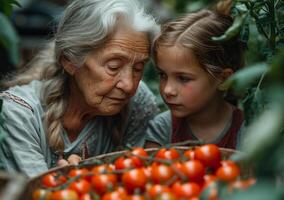 ai gegenereerd ouder vrouw en jong meisje onderzoeken tomaten Bij een markt staan foto