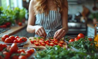 ai gegenereerd vrouw snijdend tomaten Aan snijdend bord, voorbereiding voor een vers maaltijd foto