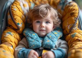 ai gegenereerd baby in wandelwagen met fopspeen in mond foto