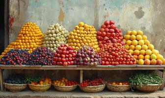 ai gegenereerd vers fruit en groenten is een gezond eetpatroon. een breed verscheidenheid van vers fruit en groenten geregeld netjes Aan een kleurrijk markt stellage. foto