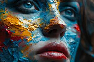 ai gegenereerd kleurrijk verf lipschilderen voor dames gezicht. een vrouw met blauw en geel verf Aan haar gezicht, presentatie van levendig en creatief lichaam kunst. foto