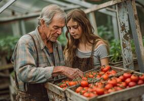 ai gegenereerd ouderen Mens en jong meisje observeren tomaten samen foto