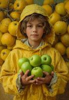 ai gegenereerd jongen in geel regenjas Holding bundel van groen appels. een aanbiddelijk jongen vervelend een helder geel regenjas houdt een bundel van vers, sappig groen appels in zijn handen. foto