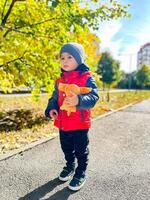 weinig jongen wandelen naar beneden een straat met zijn geliefde gevuld dier. een weinig jongen wandelen naar beneden een straat Holding een gevuld dier foto