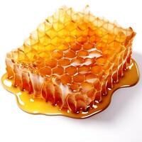 ai gegenereerd hyperrealistisch honingraat met honing dropping Aan een wit achtergrond foto