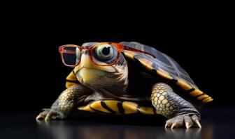 ai gegenereerd schattig weinig groen schildpad met bril. een klein schildpad met bril Aan zijn hoofd foto
