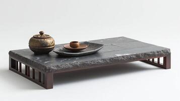 ai gegenereerd minimalistische thee tafel opstelling met keramisch en steen foto