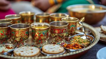 ai gegenereerd voortreffelijk traditioneel goud thee cups Aan overladen dienblad met Indisch lekkernijen foto