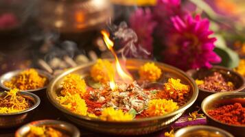 ai gegenereerd kleurrijk traditioneel Indisch puja thali met helder goudsbloemen foto