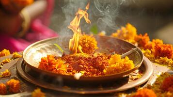 ai gegenereerd feestelijk diwali viering met vlammen en goudsbloem bloemen foto