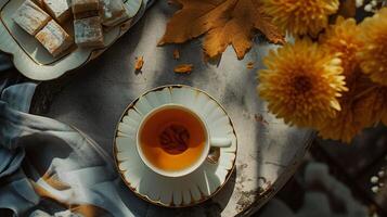 ai gegenereerd herfst thee instelling met gouden zonlicht en delicaat gebakjes foto