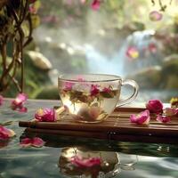 ai gegenereerd sereen ochtend- thee met bloeiend roze bloemblaadjes foto