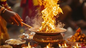 ai gegenereerd ceremonieel brand ritueel met intens oranje vlammen foto