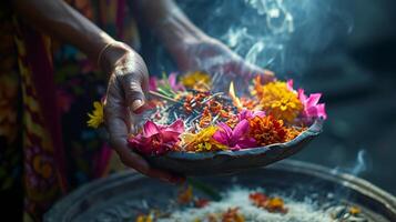 ai gegenereerd traditioneel bloemen arrangement in een klei pot voor cultureel rituelen foto