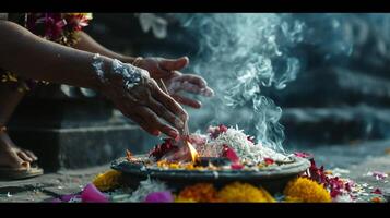ai gegenereerd geestelijk ritueel met handen aanbieden bloemen en brand rook foto