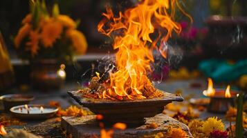 ai gegenereerd traditioneel ritueel brand temidden van bloemen aanbiedingen foto