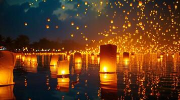 ai gegenereerd gloeiend lantaarns Aan water creëren een gouden uitzicht foto