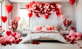 ai gegenereerd modern donker slaapkamer met Valentijn atmosfeer met rozen en hart ballonnen foto