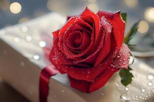 ai gegenereerd rood rozen en dauw druppels Aan geschenk dozen voor paren fonkeling Aan Valentijnsdag dag foto