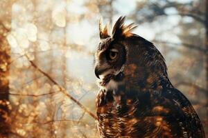 ai gegenereerd majestueus uil profiel met warm gouden zonlicht in een sereen Woud instelling. perfect voor dieren in het wild en natuur thema's. foto