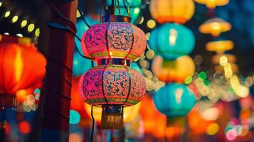 ai gegenereerd traditioneel Aziatisch lantaarns verhelderend de avond foto